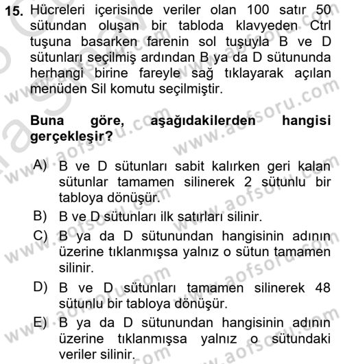 İşlem Tabloları Dersi Ara Sınavı Deneme Sınav Soruları 15. Soru