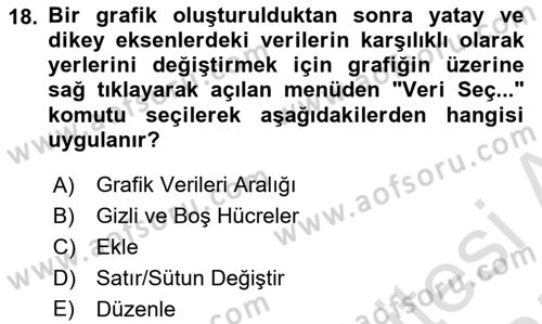 İşlem Tabloları Dersi Ara Sınavı Deneme Sınav Soruları 18. Soru