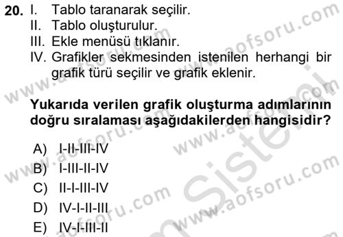 İşlem Tabloları Dersi 2024 - 2025 Yılı (Vize) Ara Sınav Soruları 20. Soru