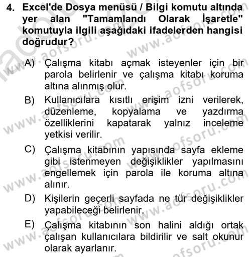 İşlem Tabloları Dersi Ara Sınavı Deneme Sınav Soruları 4. Soru