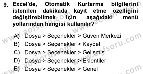 İşlem Tabloları Dersi Ara Sınavı Deneme Sınav Soruları 9. Soru