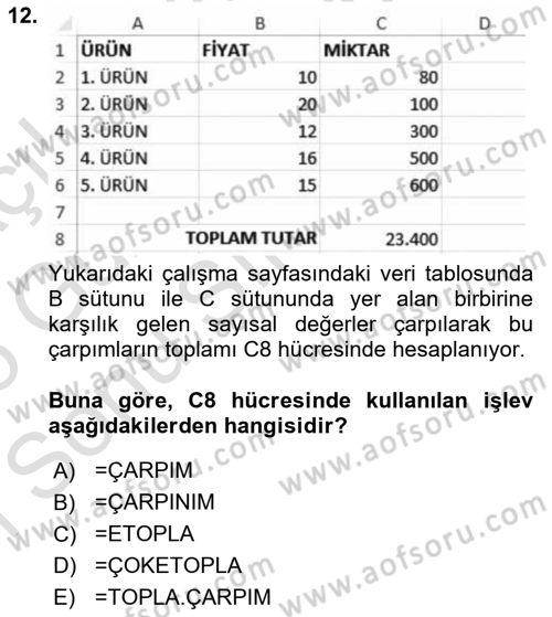 İşlem Tabloları Dersi 2024 - 2025 Yılı (Final) Dönem Sonu Sınav Soruları 12. Soru