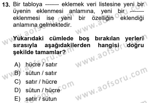 İşlem Tabloları Dersi 2024 - 2025 Yılı (Final) Dönem Sonu Sınav Soruları 13. Soru