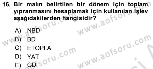 İşlem Tabloları Dersi 2024 - 2025 Yılı Yaz Okulu Sınav Soruları 16. Soru