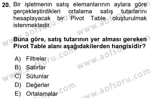 İşlem Tabloları Dersi 2024 - 2025 Yılı Yaz Okulu Sınav Soruları 20. Soru