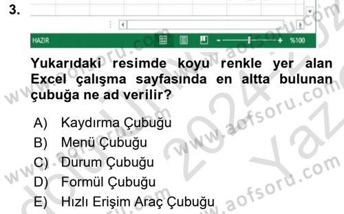 İşlem Tabloları Dersi 2024 - 2025 Yılı Yaz Okulu Sınav Soruları 3. Soru