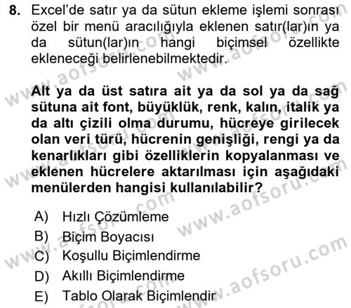 İşlem Tabloları Dersi 2024 - 2025 Yılı Yaz Okulu Sınav Soruları 8. Soru
