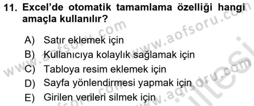 İşlem Tabloları Dersi 2025 - 2026 Yılı (Vize) Ara Sınav Soruları 11. Soru