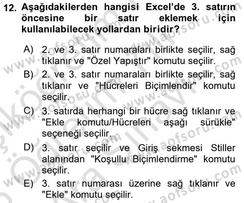 İşlem Tabloları Dersi 2025 - 2026 Yılı (Vize) Ara Sınav Soruları 12. Soru