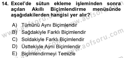 İşlem Tabloları Dersi 2025 - 2026 Yılı (Vize) Ara Sınav Soruları 14. Soru