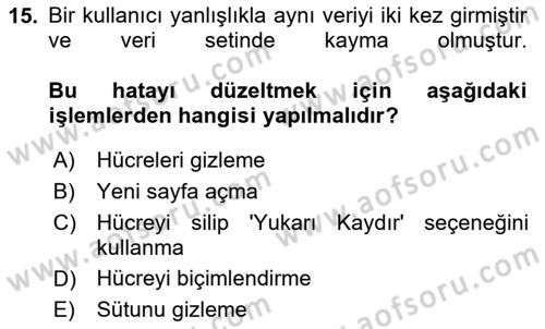 İşlem Tabloları Dersi 2025 - 2026 Yılı (Vize) Ara Sınav Soruları 15. Soru
