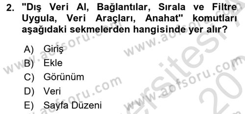 İşlem Tabloları Dersi 2025 - 2026 Yılı (Vize) Ara Sınav Soruları 2. Soru