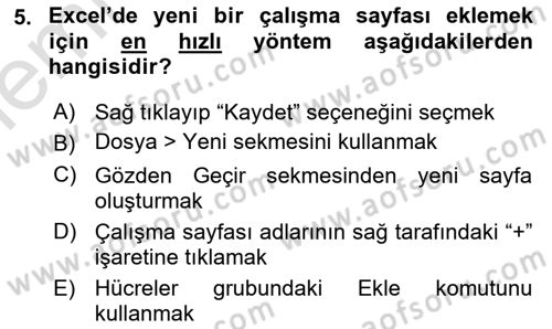 İşlem Tabloları Dersi 2025 - 2026 Yılı (Vize) Ara Sınav Soruları 5. Soru