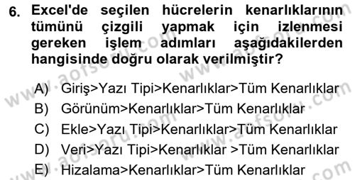 İşlem Tabloları Dersi 2025 - 2026 Yılı (Vize) Ara Sınav Soruları 6. Soru