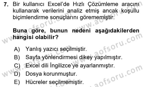 İşlem Tabloları Dersi 2025 - 2026 Yılı (Vize) Ara Sınav Soruları 7. Soru