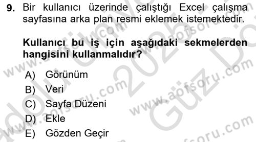 İşlem Tabloları Dersi 2025 - 2026 Yılı (Vize) Ara Sınav Soruları 9. Soru