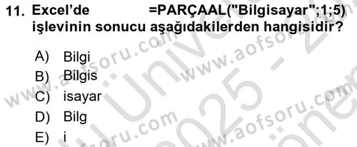 İşlem Tabloları Dersi 2025 - 2026 Yılı (Final) Dönem Sonu Sınav Soruları 11. Soru