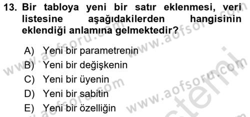 İşlem Tabloları Dersi 2025 - 2026 Yılı (Final) Dönem Sonu Sınav Soruları 13. Soru