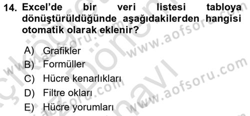 İşlem Tabloları Dersi 2025 - 2026 Yılı (Final) Dönem Sonu Sınav Soruları 14. Soru