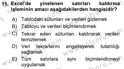 İşlem Tabloları Dersi 2025 - 2026 Yılı (Final) Dönem Sonu Sınav Soruları 15. Soru