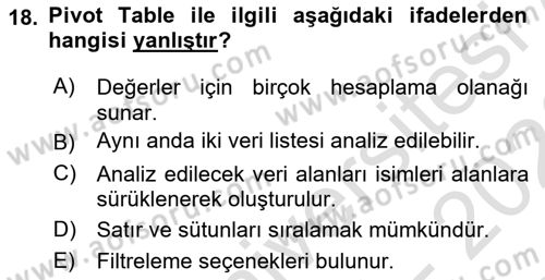 İşlem Tabloları Dersi 2025 - 2026 Yılı (Final) Dönem Sonu Sınav Soruları 18. Soru