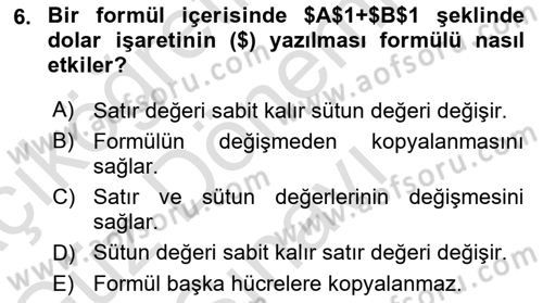 İşlem Tabloları Dersi 2025 - 2026 Yılı (Final) Dönem Sonu Sınav Soruları 6. Soru