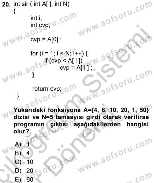 Algoritmalar Ve Programlama Dersi 2016 - 2017 Yılı (Vize) Ara Sınav Soruları 20. Soru