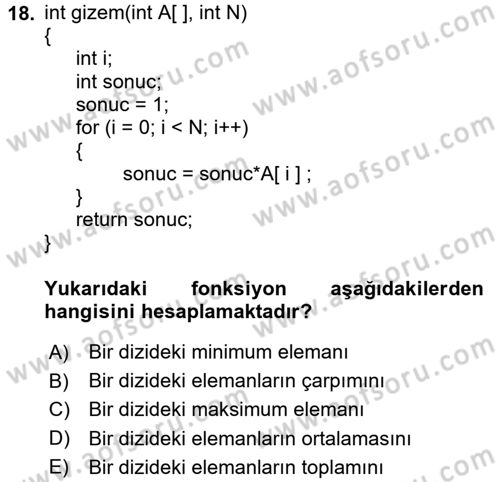 Algoritmalar Ve Programlama Dersi 2017 - 2018 Yılı (Vize) Ara Sınav Soruları 18. Soru