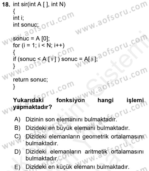 Algoritmalar Ve Programlama Dersi 2018 - 2019 Yılı (Vize) Ara Sınav Soruları 18. Soru