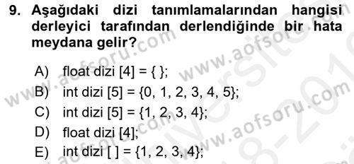 Algoritmalar Ve Programlama Dersi 2018 - 2019 Yılı (Vize) Ara Sınav Soruları 9. Soru
