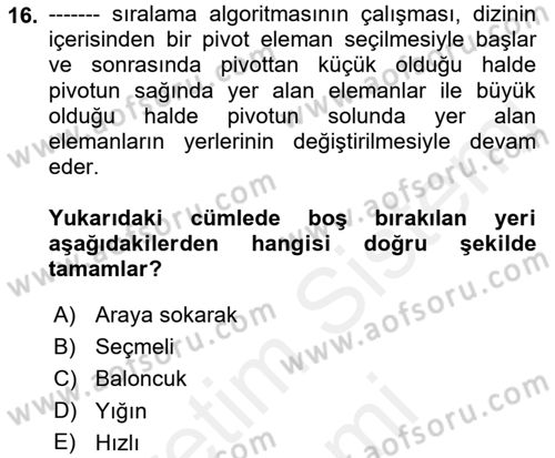 Algoritmalar Ve Programlama Dersi 2018 - 2019 Yılı (Final) Dönem Sonu Sınav Soruları 16. Soru