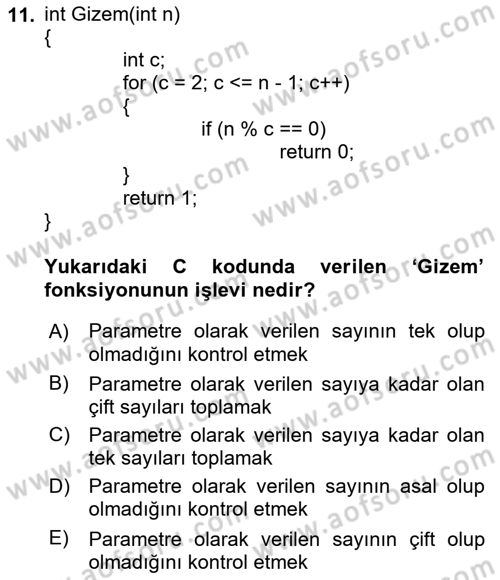Algoritmalar Ve Programlama Dersi 2020 - 2021 Yılı Yaz Okulu Sınav Soruları 11. Soru