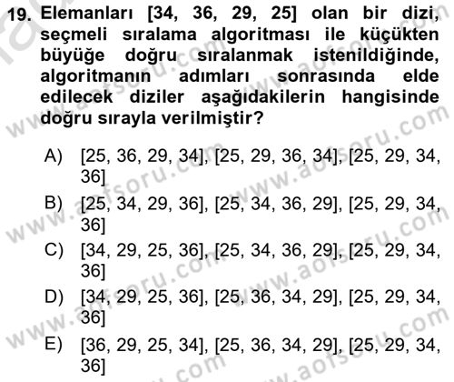 Algoritmalar Ve Programlama Dersi 2020 - 2021 Yılı Yaz Okulu Sınav Soruları 19. Soru