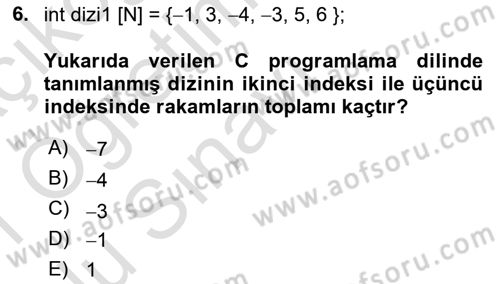Algoritmalar Ve Programlama Dersi 2020 - 2021 Yılı Yaz Okulu Sınav Soruları 6. Soru