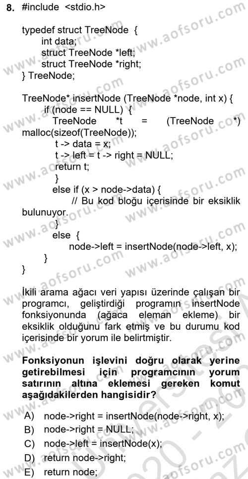 Algoritmalar Ve Programlama Dersi 2020 - 2021 Yılı Yaz Okulu Sınav Soruları 8. Soru