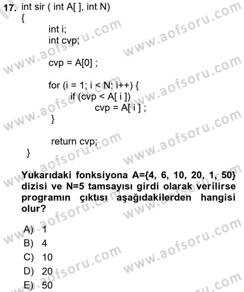 Algoritmalar Ve Programlama Dersi 2021 - 2022 Yılı (Vize) Ara Sınav Soruları 17. Soru
