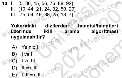 Algoritmalar Ve Programlama Dersi 2021 - 2022 Yılı (Final) Dönem Sonu Sınav Soruları 10. Soru