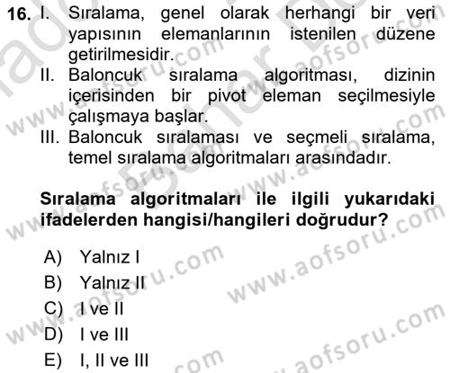 Algoritmalar Ve Programlama Dersi 2021 - 2022 Yılı (Final) Dönem Sonu Sınav Soruları 16. Soru