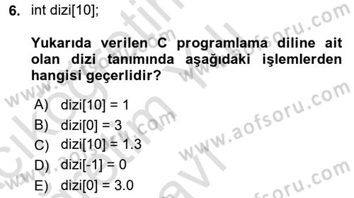 Algoritmalar Ve Programlama Dersi 2021 - 2022 Yılı Yaz Okulu Sınav Soruları 6. Soru