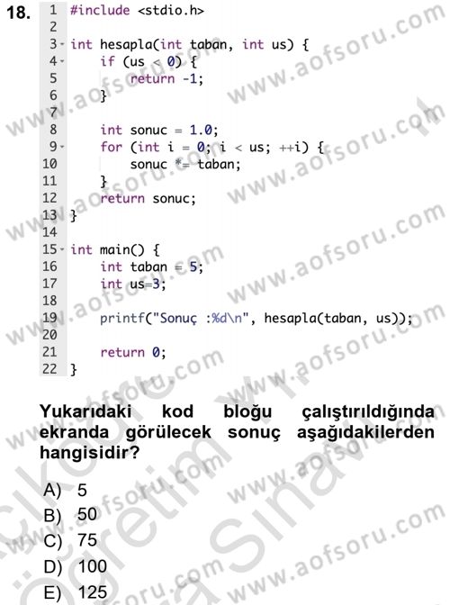 Algoritmalar Ve Programlama Dersi 2023 - 2024 Yılı (Vize) Ara Sınav Soruları 18. Soru