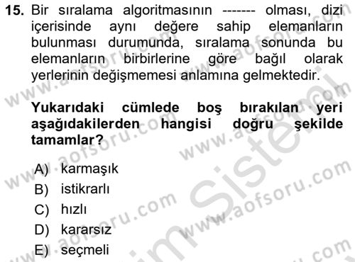 Algoritmalar Ve Programlama Dersi 2023 - 2024 Yılı (Final) Dönem Sonu Sınav Soruları 15. Soru