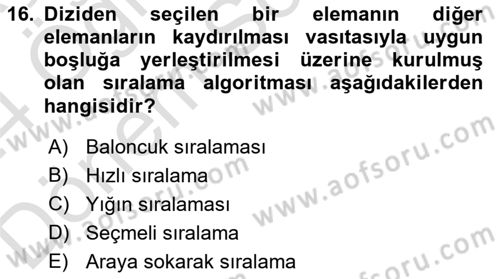 Algoritmalar Ve Programlama Dersi 2023 - 2024 Yılı (Final) Dönem Sonu Sınav Soruları 16. Soru