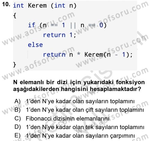 Algoritmalar Ve Programlama Dersi 2023 - 2024 Yılı Yaz Okulu Sınav Soruları 10. Soru