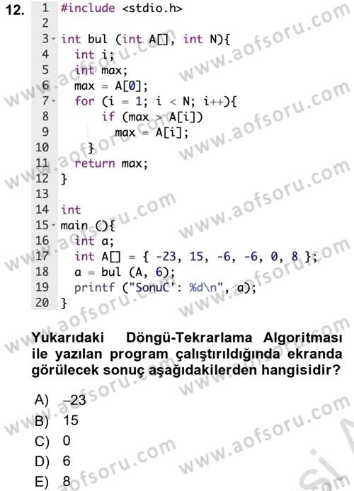 Algoritmalar Ve Programlama Dersi 2023 - 2024 Yılı Yaz Okulu Sınav Soruları 12. Soru