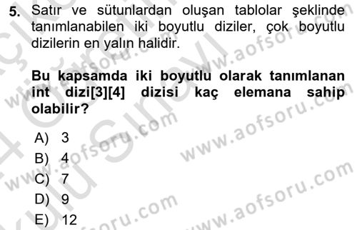 Algoritmalar Ve Programlama Dersi 2023 - 2024 Yılı Yaz Okulu Sınav Soruları 5. Soru