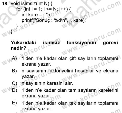 Algoritmalar Ve Programlama Dersi 2024 - 2025 Yılı (Vize) Ara Sınav Soruları 18. Soru