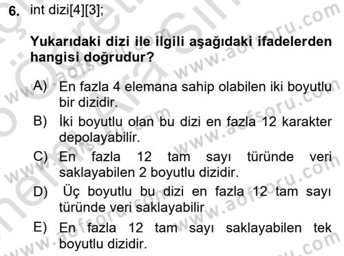 Algoritmalar Ve Programlama Dersi 2024 - 2025 Yılı (Vize) Ara Sınav Soruları 6. Soru