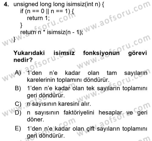 Algoritmalar Ve Programlama Dersi 2024 - 2025 Yılı (Final) Dönem Sonu Sınav Soruları 4. Soru