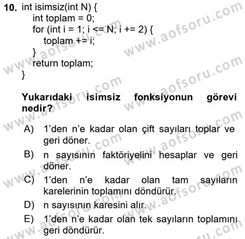 Algoritmalar Ve Programlama Dersi 2024 - 2025 Yılı Yaz Okulu Sınav Soruları 10. Soru