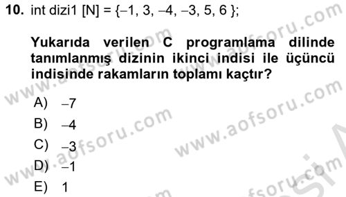 Algoritmalar Ve Programlama Dersi 2025 - 2026 Yılı (Vize) Ara Sınav Soruları 10. Soru